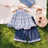Girls Blue Checked Sleeveless Top With Pants Sets 2 pc. Sets