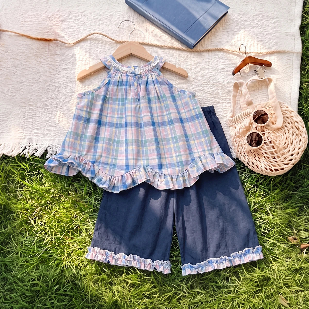 Girls Blue Checked Sleeveless Top With Pants Sets 2 pc. Sets
