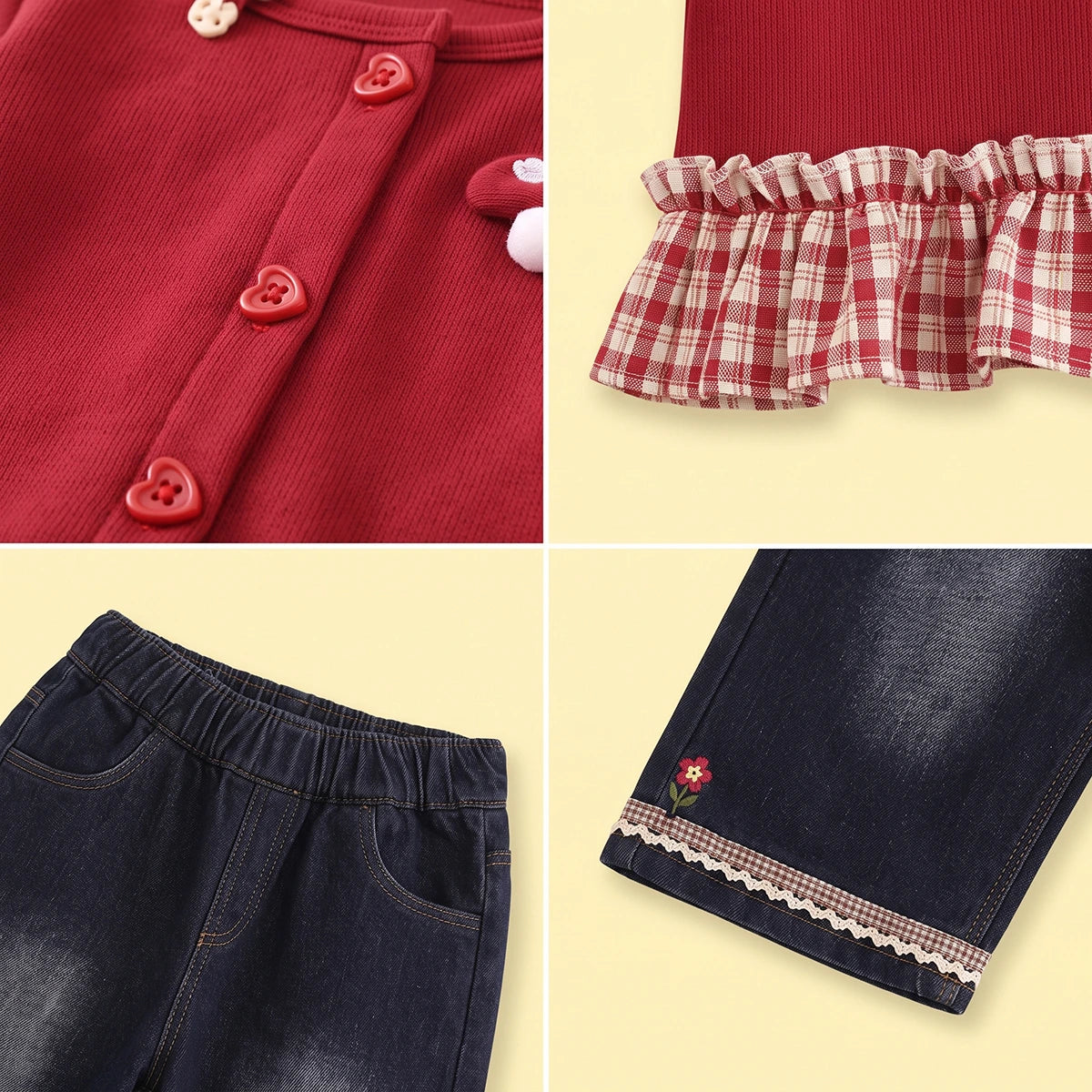 Girls Red Applique Ruffled Top With Denim Pants Sets Sets