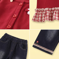 Girls Red Applique Ruffled Top With Denim Pants Sets Sets