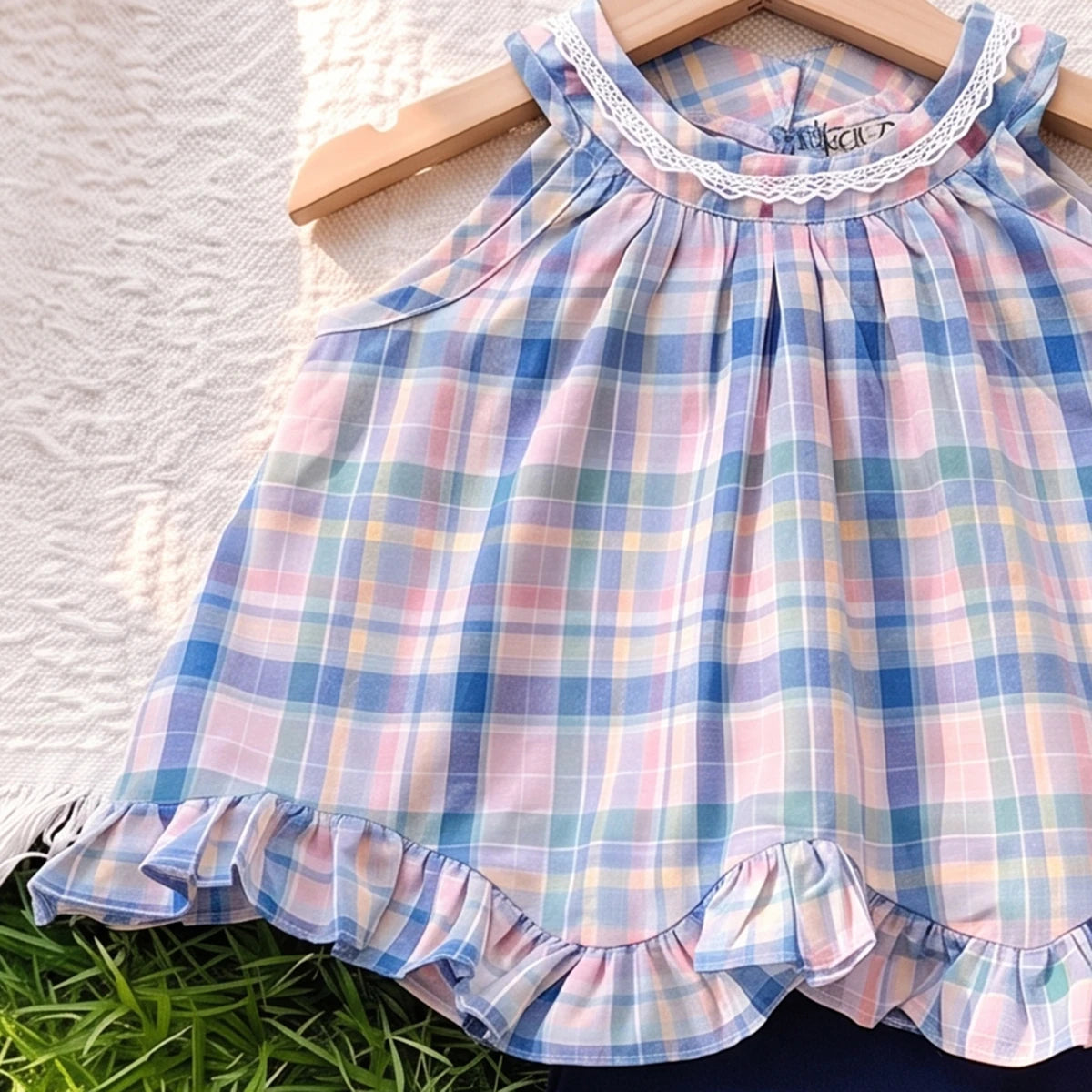 Girls Blue Checked Sleeveless Top With Pants Sets 2 pc. Sets
