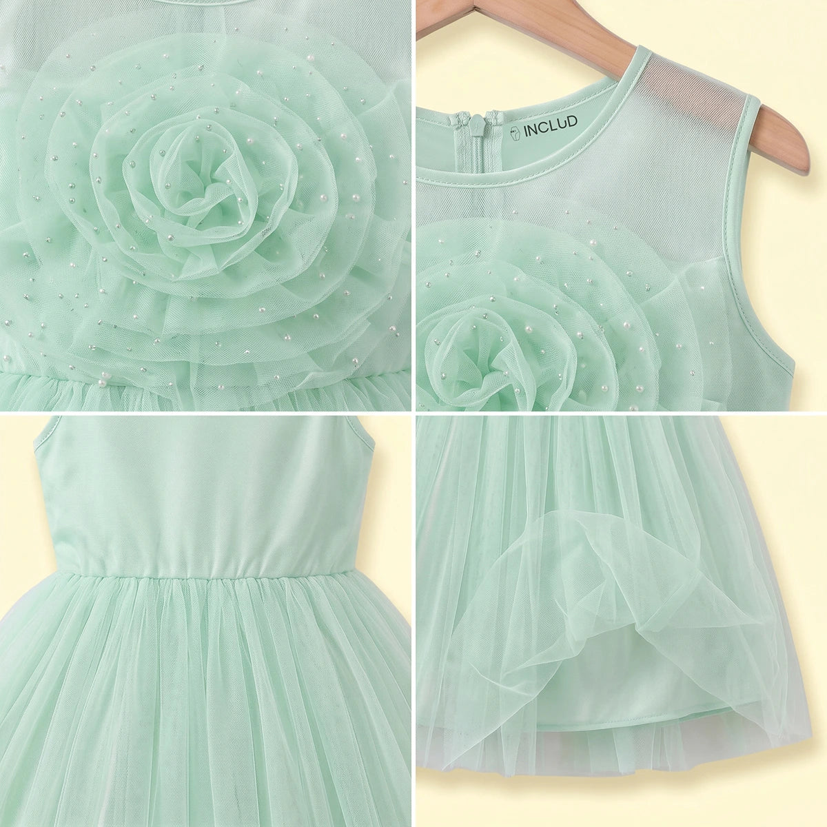 Girls Light Green Floral Applique Fit & Flare Party Dress Party Dresses