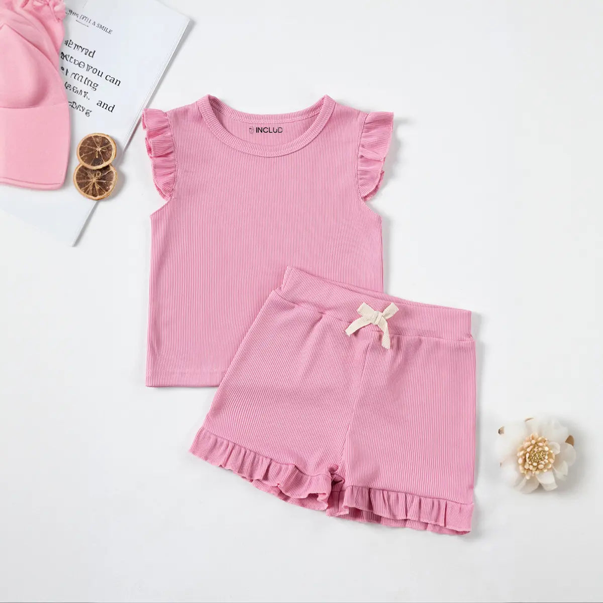 Girls Pink Solid Ribbed Top With Shorts Co-ord Sets Sets Pink 1-2 Y