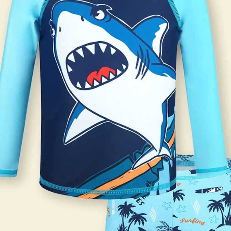 Boys Sky Blue Shark Printed Long Sleeves T-Shirt & Shorts Swimsuit Sets Sets