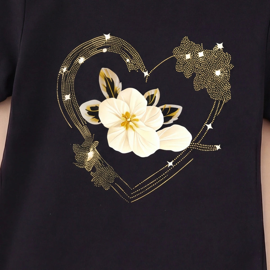 Girls Black Floral Print Short Sleeve T-Shirt Dress Casual Dresses