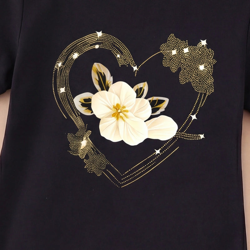 Girls Black Floral Print Short Sleeve T-Shirt Dress Casual Dresses