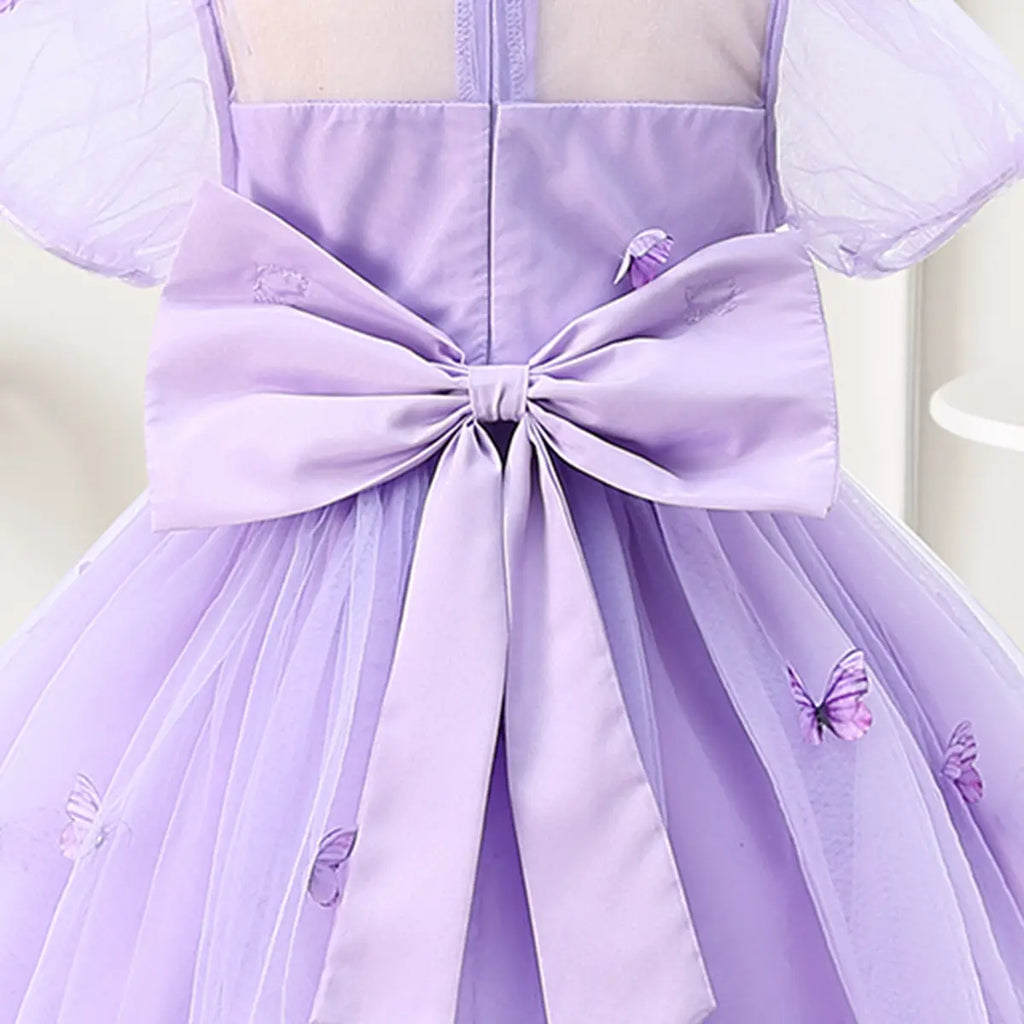 Girls Purple Butterfly Applique Tulle Overlay Fit & Flare Party Dress With Puff Sleeves Party Dresses