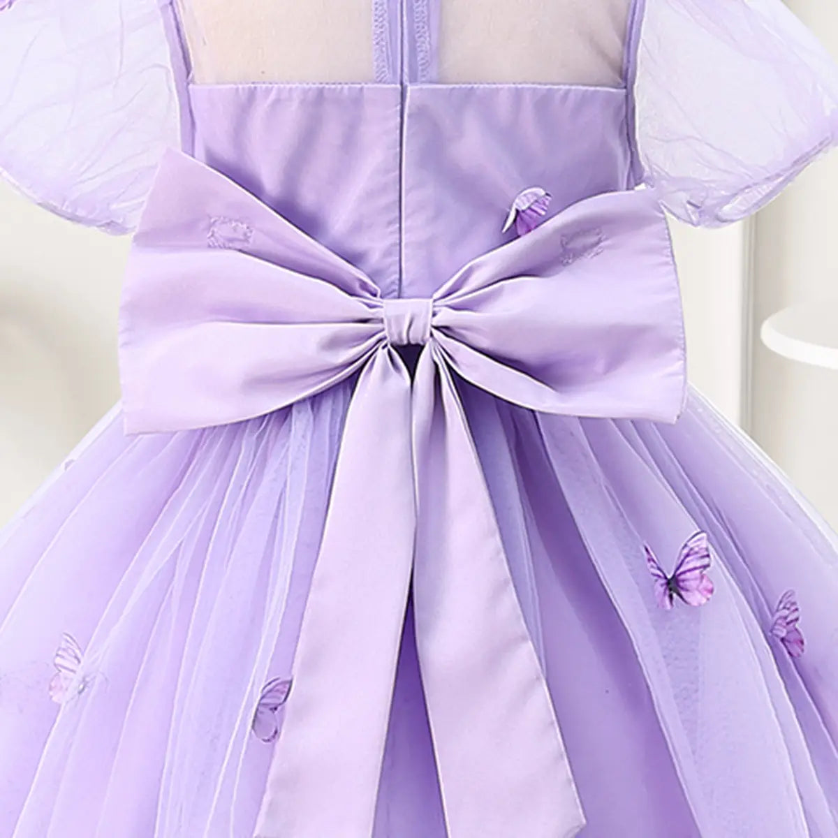 Girls Purple Butterfly Applique Tulle Overlay Fit & Flare Party Dress With Puff Sleeves Party Dresses