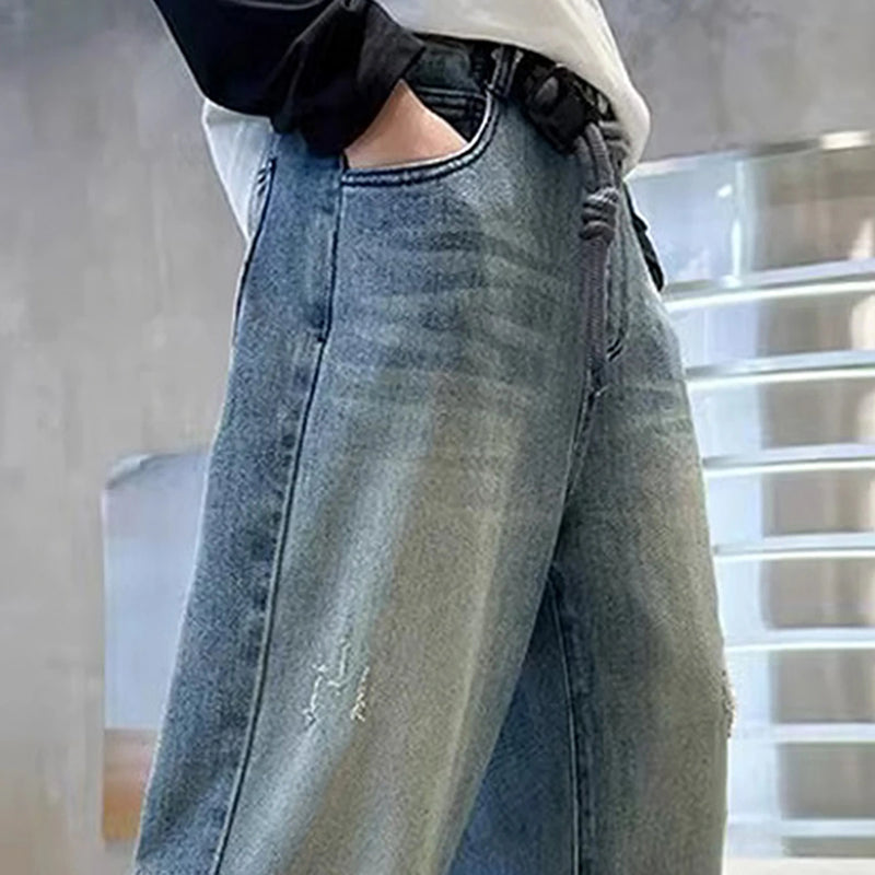 Boys Light Blue Scoop Pocket Denim Pants With Drawstring Pants