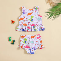 Girls White Dinosaur Printed Peplum Top With Briefs Swimwear Sets Sets