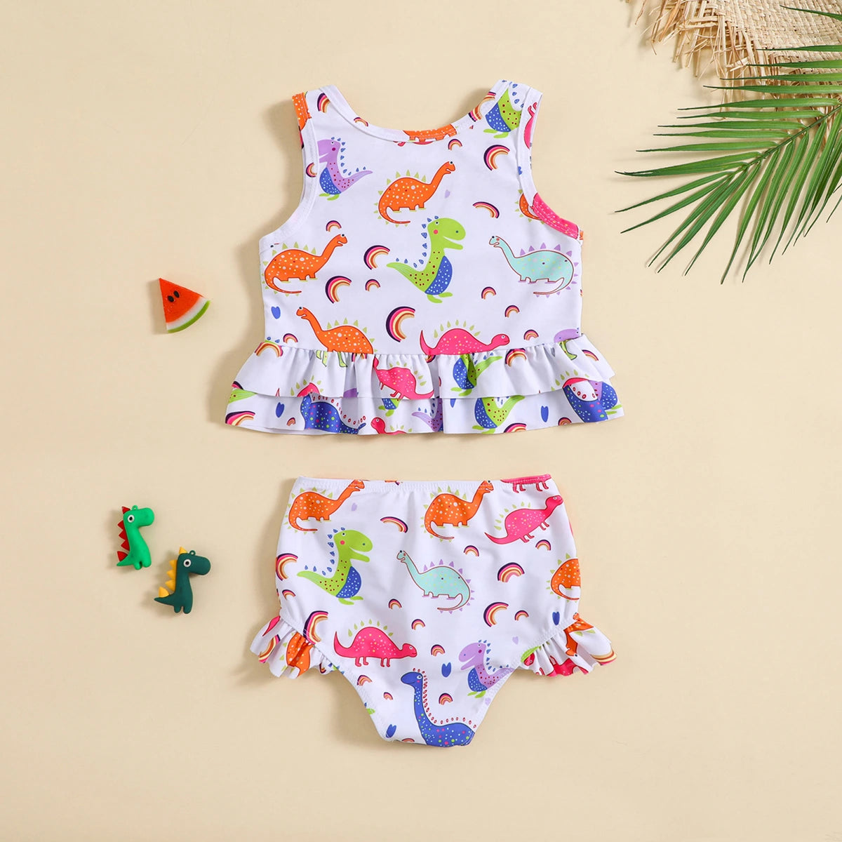 Girls White Dinosaur Printed Peplum Top With Briefs Swimwear Sets Sets