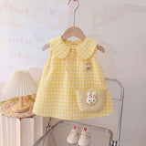 Girls Yellow Checked Rabbit Applique Sleeveless A-Line Dress