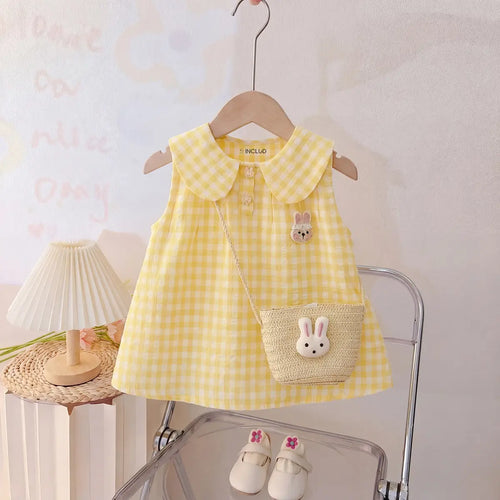 Girls Yellow Checked Rabbit Applique Sleeveless A-Line Dress Casual Dresses Yellow 1-2 Y