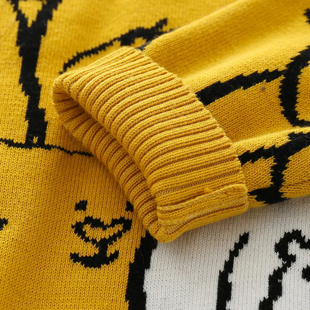 Boys Mustard Self-Design Allover Bear Pattern Knitted Sweater Sweaters & Cardigans