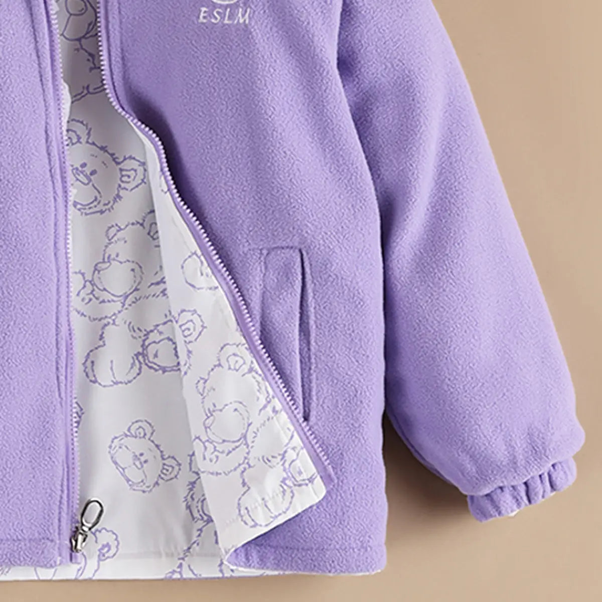 Girls Purple Bear Printed Reversible Hooded Zipper Jacket Coats & Jackets