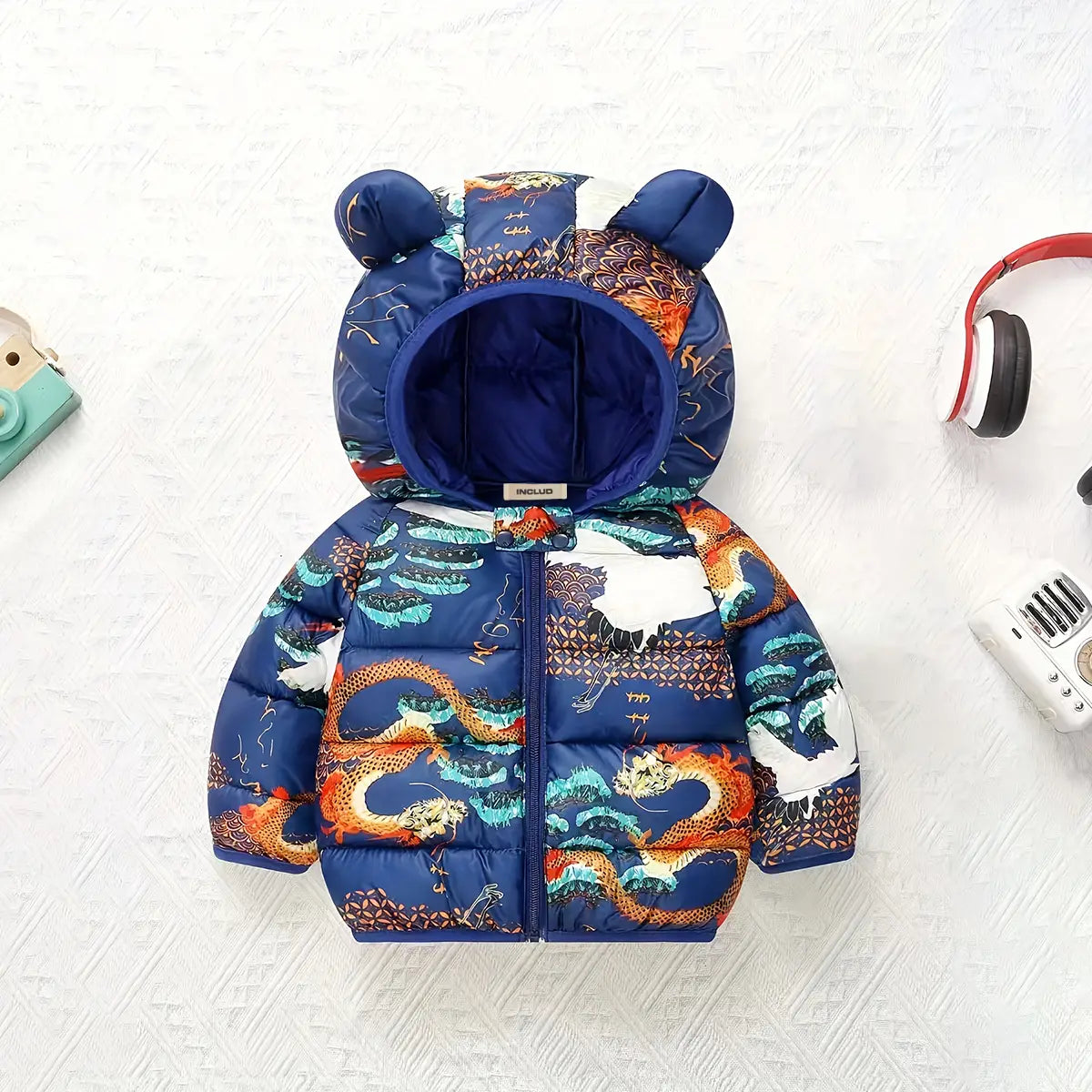 Boys Navy Blue Dragon Printed Hooded Zip-up Jacket Coats & Jackets Navy Blue 1-2 Y