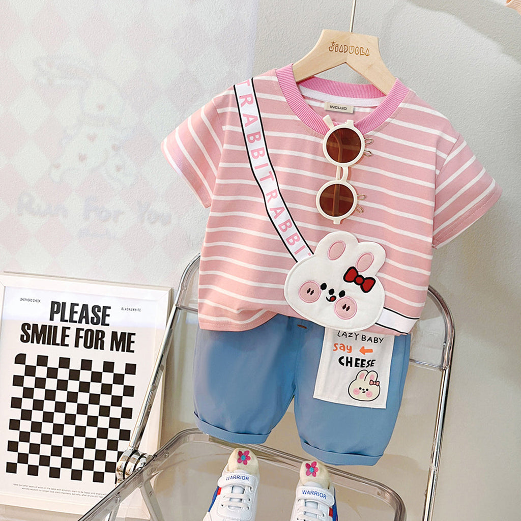 Boys Pink Striped Lion Applique T-Shirt With Denim Shorts Sets Pink 1-2 Y 