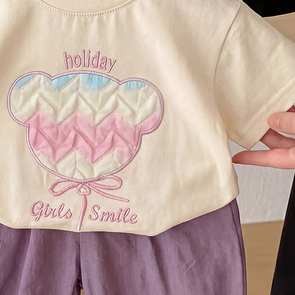 Girls Cream Holiday Typography T-Shirt With Shorts Sets 2 pc. Sets