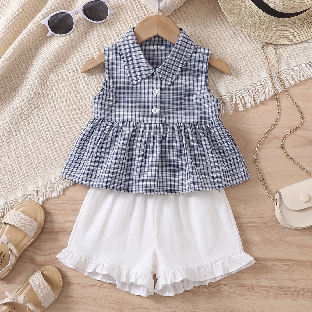 Girls Blue Checked Sleeveless Peplum Top With Ruffle Shorts Sets 2 pc. Sets Blue 1-2 Y