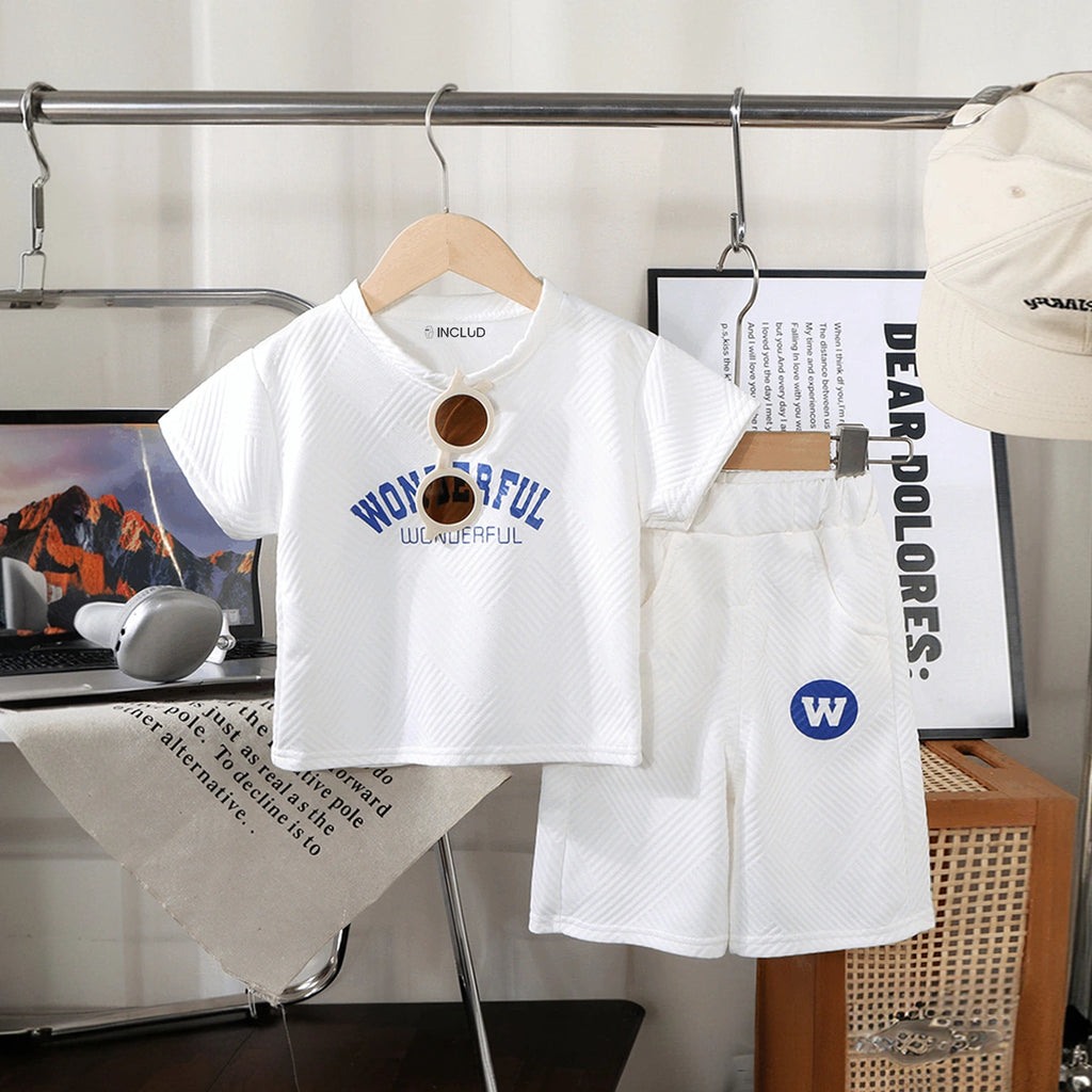 Boys White Wonderful Typography Short Sleeve T-Shirt With Shorts Sets 2 pc. Sets White 1-2 Y