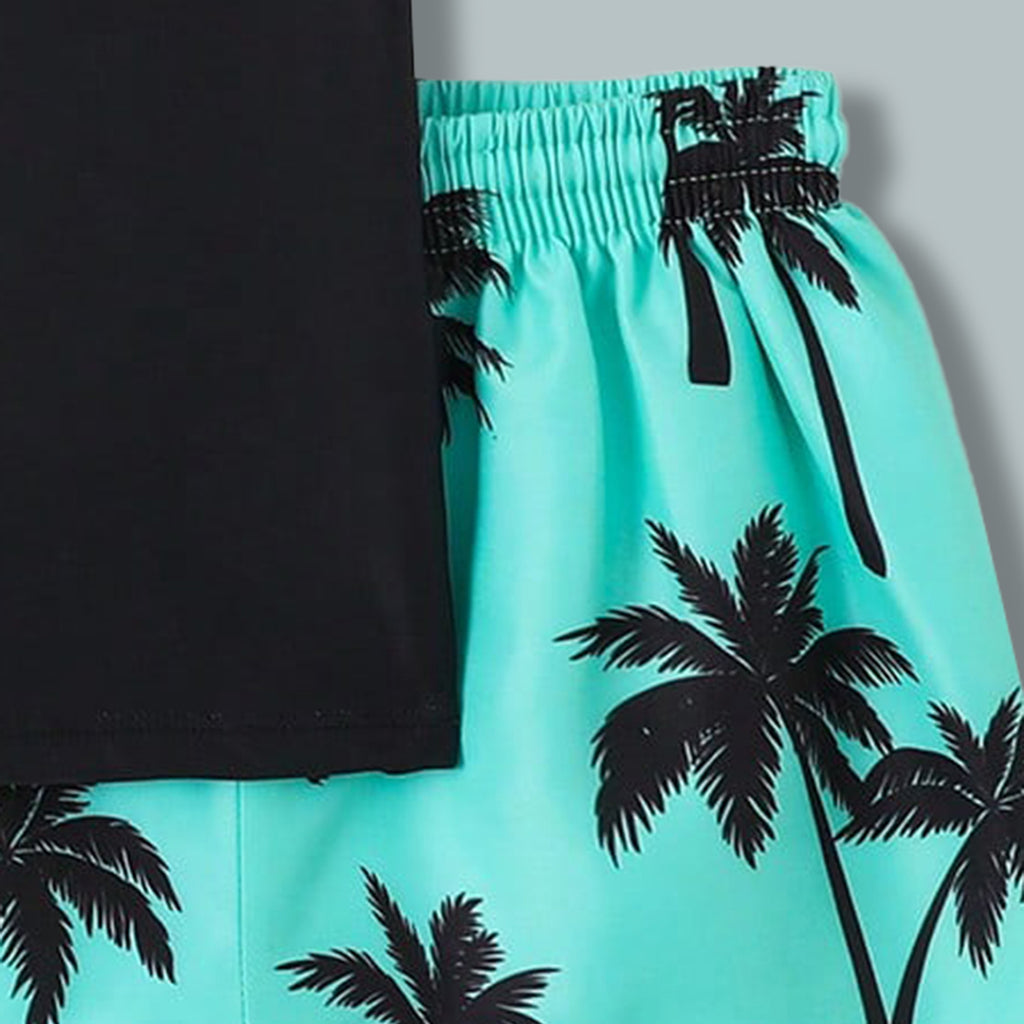 Boys Black Short Sleeves T-Shirt With Sea Green Tropical Printed Shorts Set 2 pc. Sets