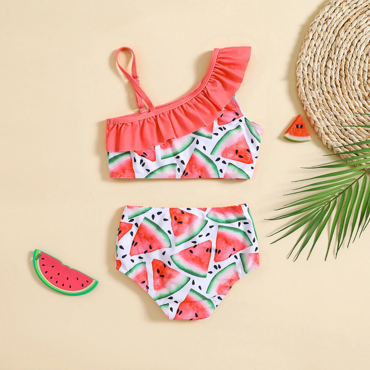 Girls Pink Watermelon Printed One Shoulder Top With Briefs Swimwear Sets Sets