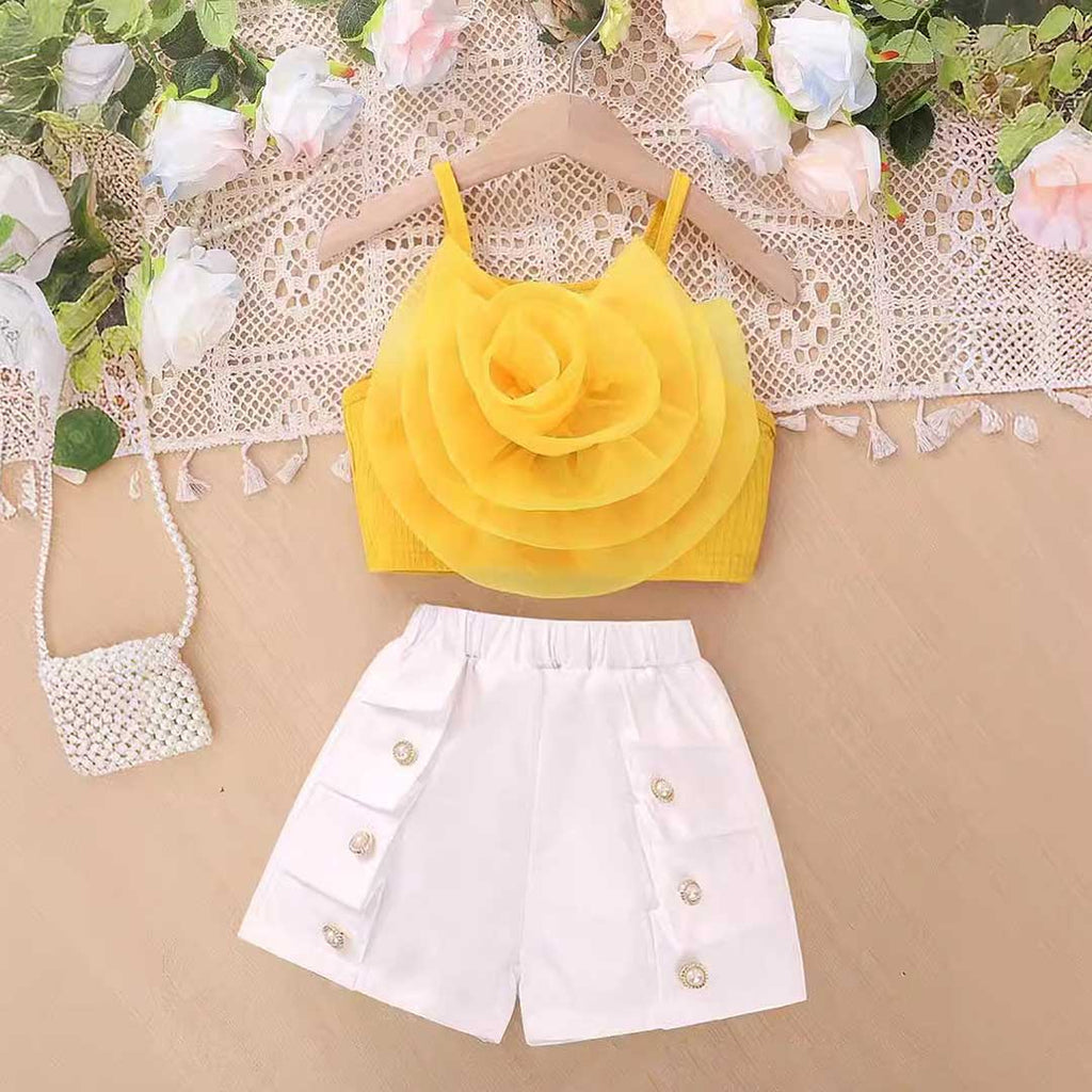 Girls Yellow Flower Applique Camisole Top With Shorts Set 2 pc. Sets Yellow 4-5 Y 