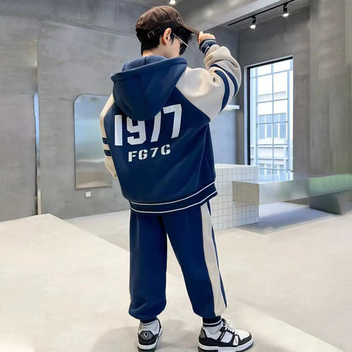 Boys Blue Alphanumeric Printed Oversized Hooded Zipper Jacket With Jogger Sets Sets