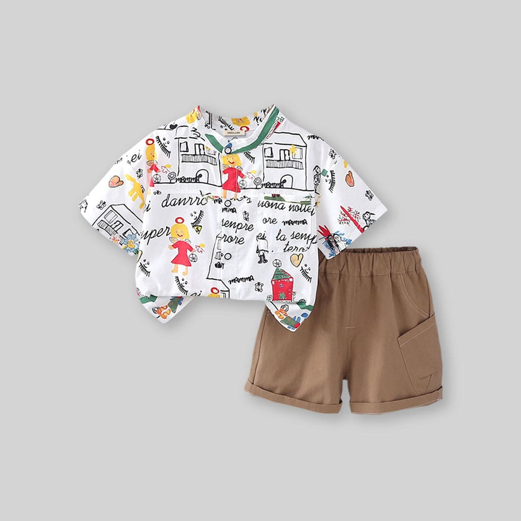 Boys Doodle Print Shirt with Shorts Set