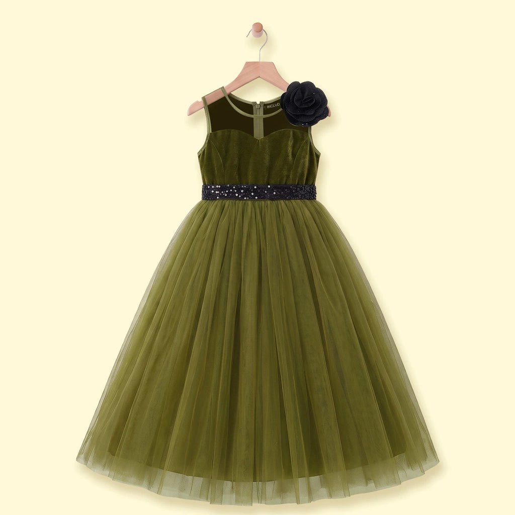 Girls Olive Green Sleeveless Fit & Flare Party Dress Party Dresses Olive 2-3 Y