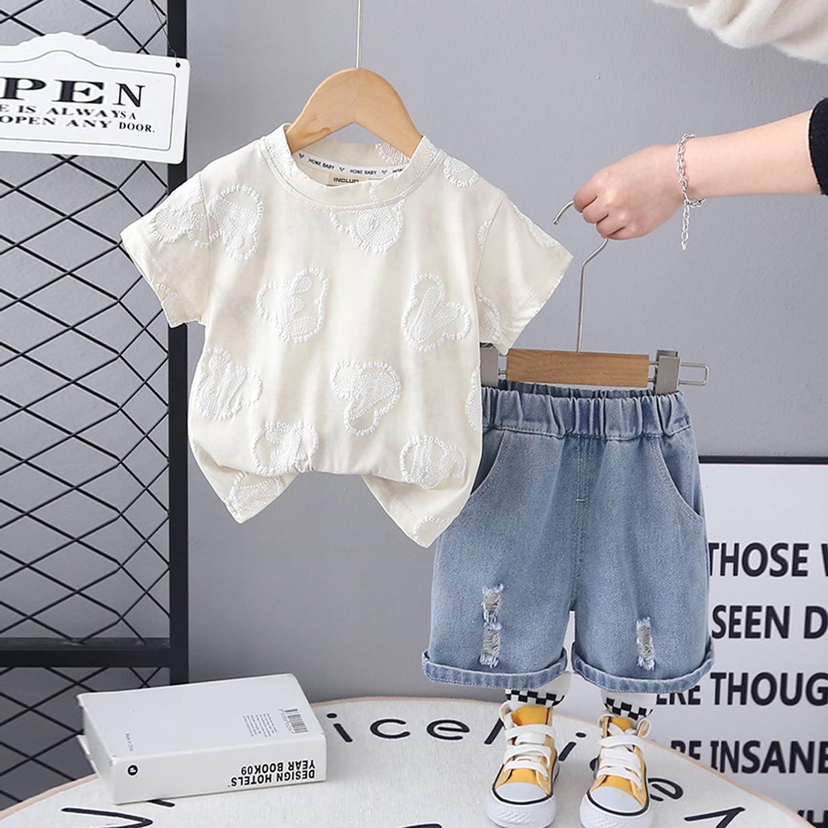 Girls Off White Puff Print Short Sleeve T-Shirt With Denim Shorts Set 2 pc. Sets Off White 1-2 Y