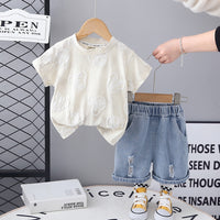Girls Off White Puff Print Short Sleeve T-Shirt With Denim Shorts Set 2 pc. Sets Off White 1-2 Y