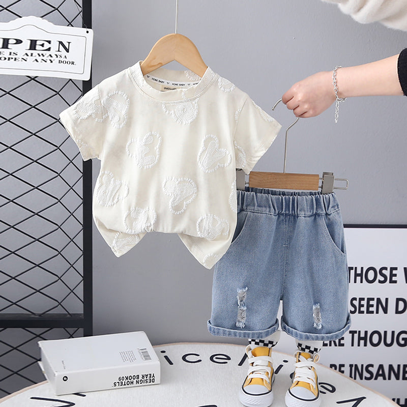 Girls Off White Puff Print Short Sleeve T-Shirt With Denim Shorts Set 2 pc. Sets Off White 1-2 Y