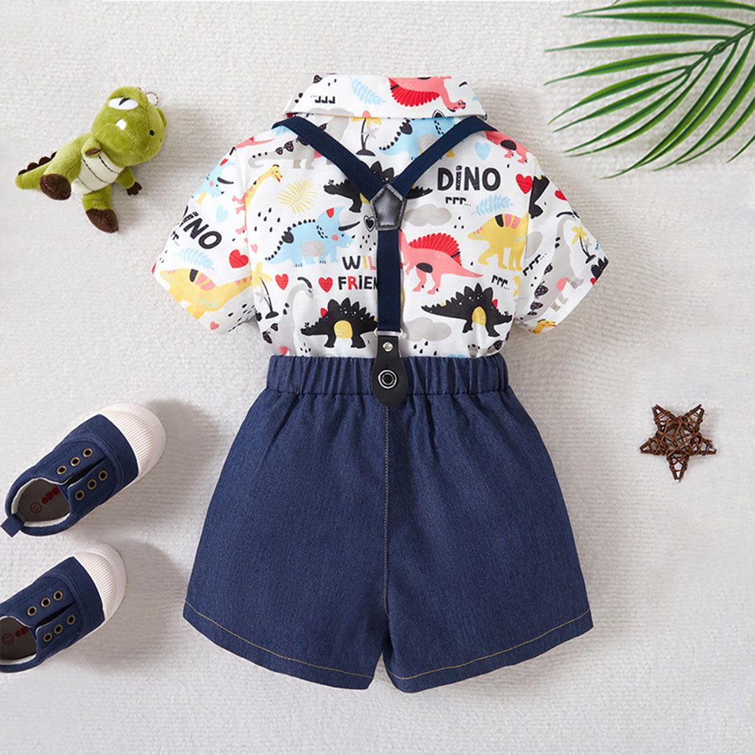 Boys Multicolor Dinosaur Printed Shirt With Suspender Shorts Set 2 pc. Sets