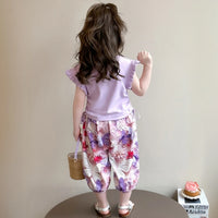 Girls Purple Flutter Sleeve Top with Butterfly Print Harem Pants Sets Sets
