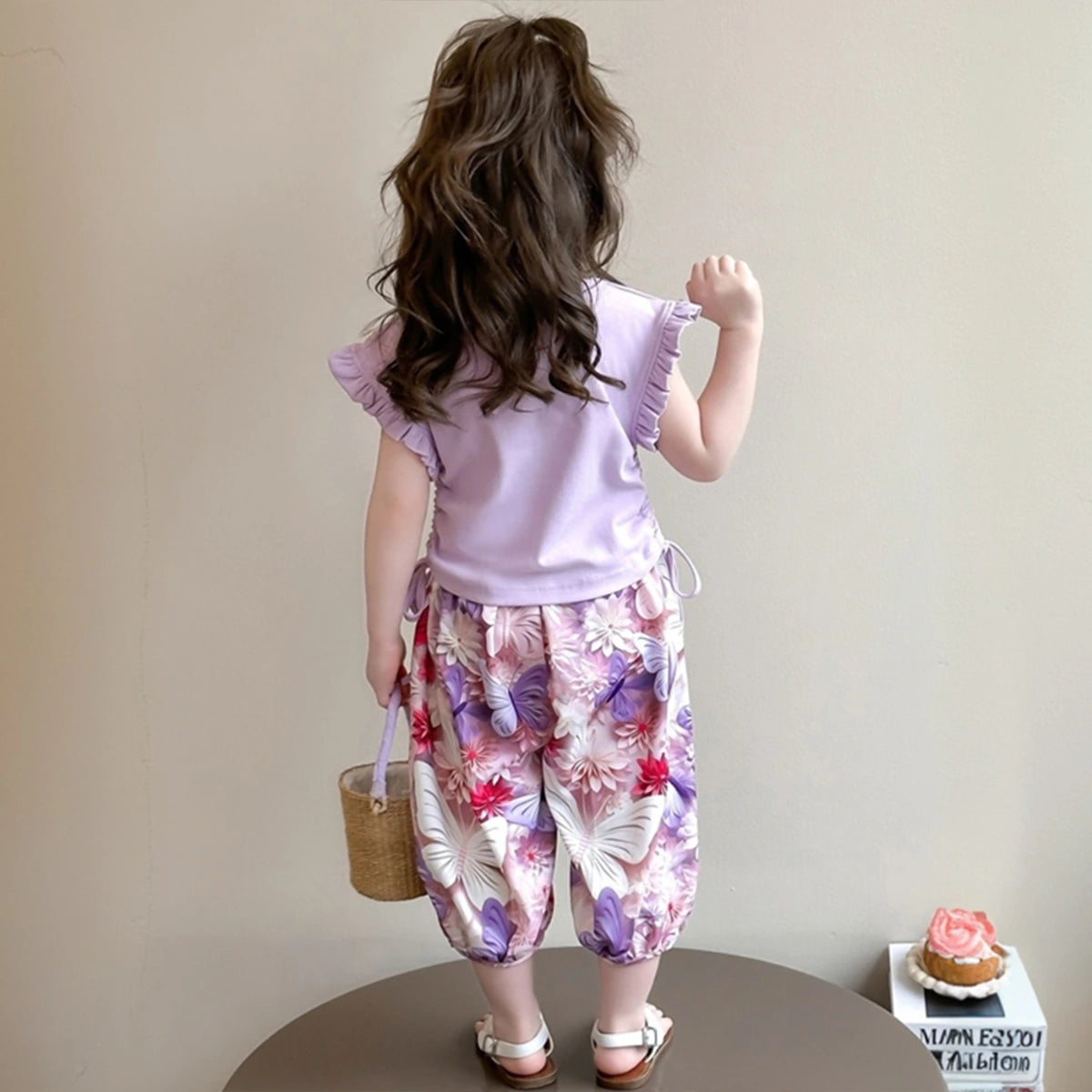 Girls Purple Flutter Sleeve Top with Butterfly Print Harem Pants Sets Sets