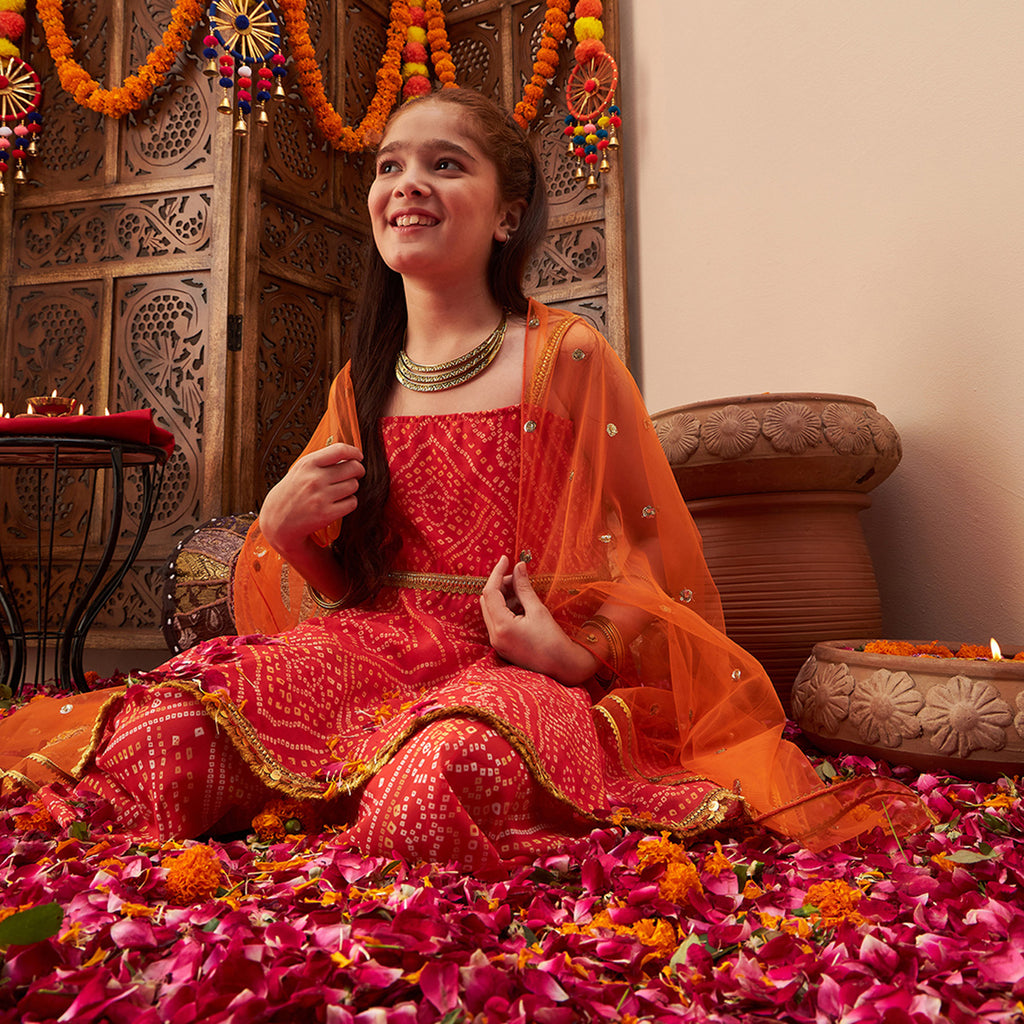 Girls Orange Bandhani Printed A-Line Kurta With Sharara And Dupatta Set Ethnicwear Girls Orange 2-3 Y