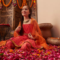 Girls Orange Bandhani Printed A-Line Kurta With Sharara And Dupatta Set Ethnicwear Girls Orange 2-3 Y