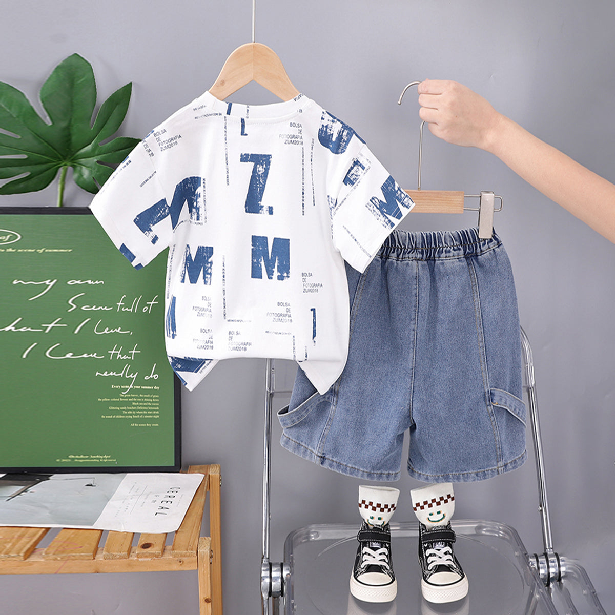 Boys Printed Short Sleeves T-Shirt With Light Blue Denim Shorts Set 2 pc. Sets