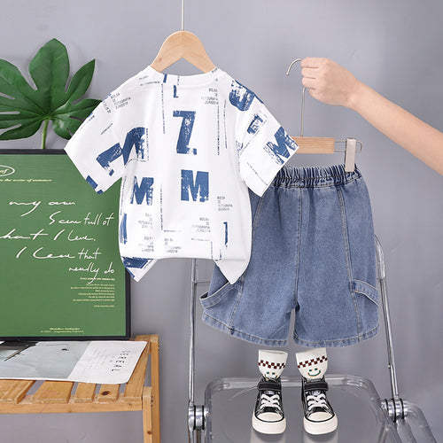 Boys Printed Short Sleeves T-Shirt With Light Blue Denim Shorts Set 2 pc. Sets