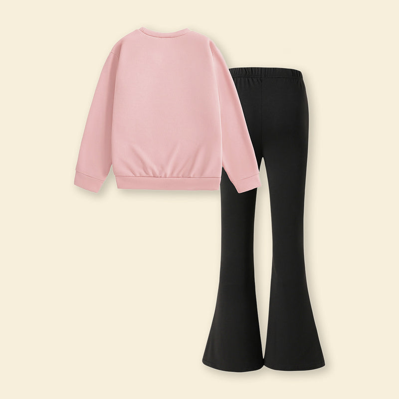Girls Light Pink Strawberry Printed Sweatshirt with Flared Pants Set 2 pc. Sets