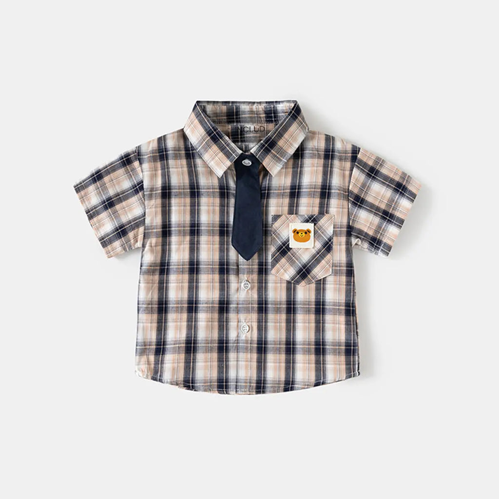 Boys Multicolor Checked Shirt with Bear Patch Pocket Shirts