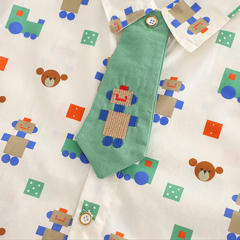 Boys Printed Shirt With Green Neck Tie And Shorts Set 3 pc. Sets