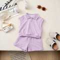 Girls Purple Bow Embroidered Sleeveless Polo Top With Shorts Co-ord Sets Sets Purple 1-2 Y