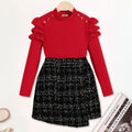 Girls Red Self-Design Stripe Top With Textured Skirt Set 2 pc. Sets Red 7-8 Y