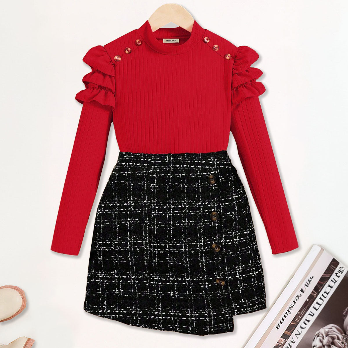 Girls Red Self-Design Stripe Top With Textured Skirt Set 2 pc. Sets Red 7-8 Y