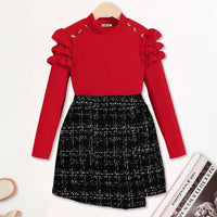 Girls Red Self-Design Stripe Top With Textured Skirt Set 2 pc. Sets Red 7-8 Y