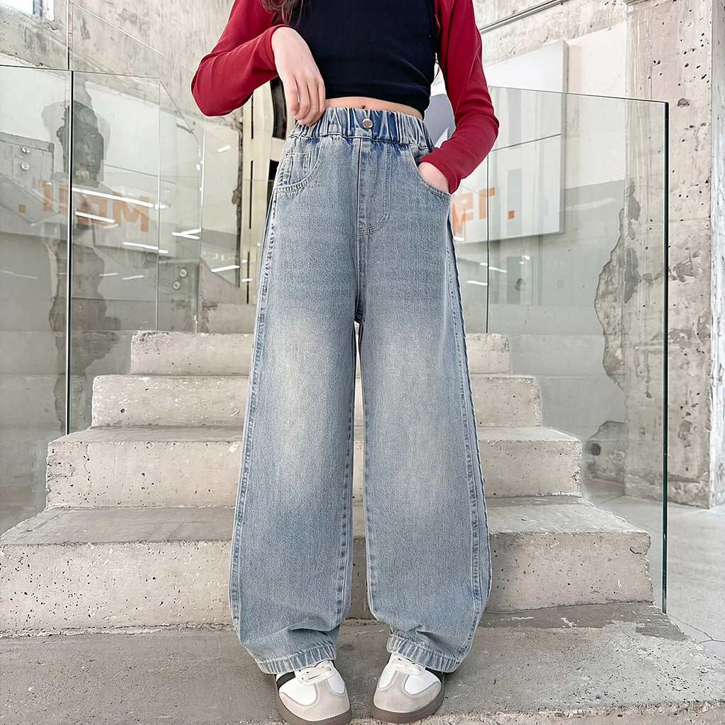 Girls Light Blue Loose Fit Denim Jeans Pants