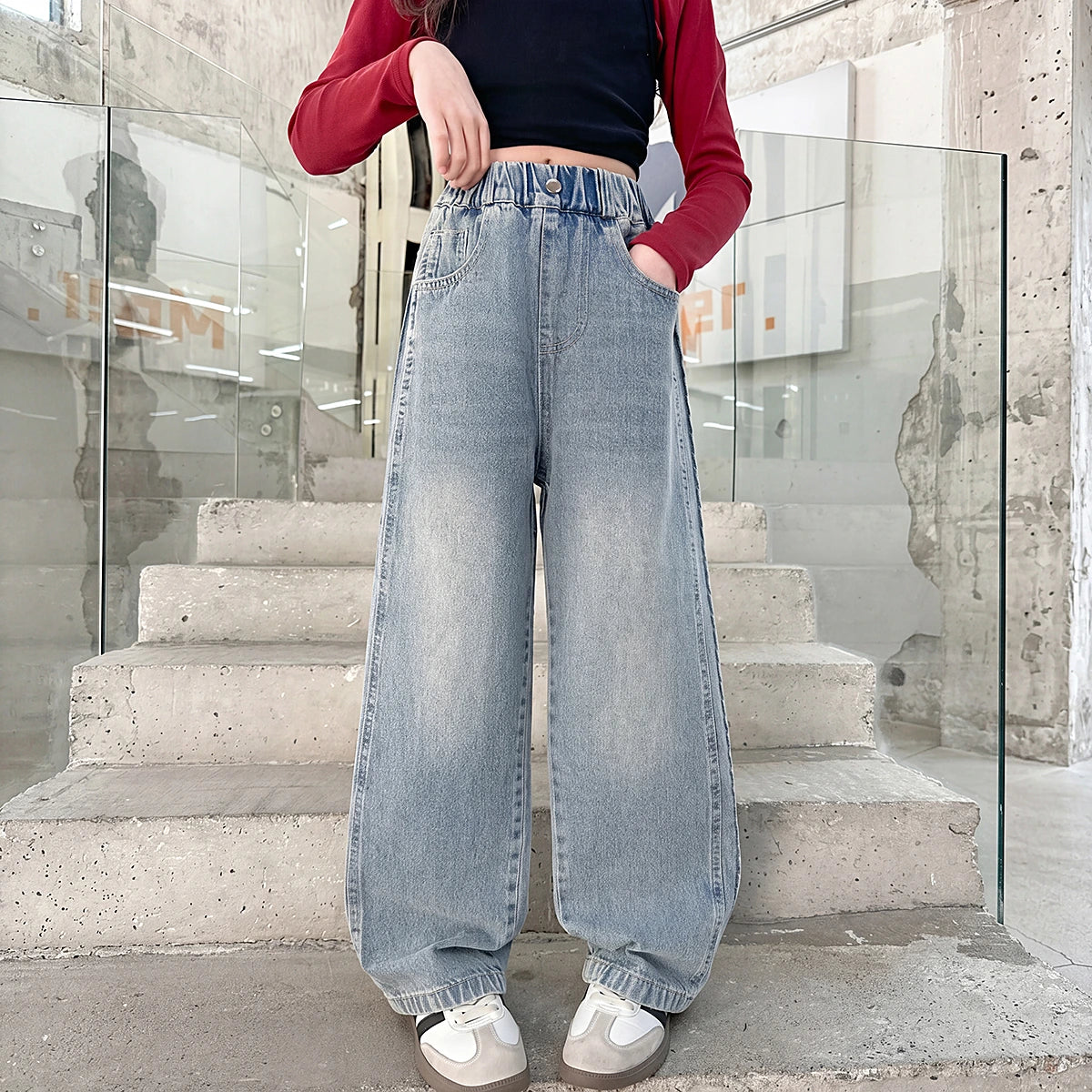 Girls Light Blue Loose Fit Denim Jeans Pants