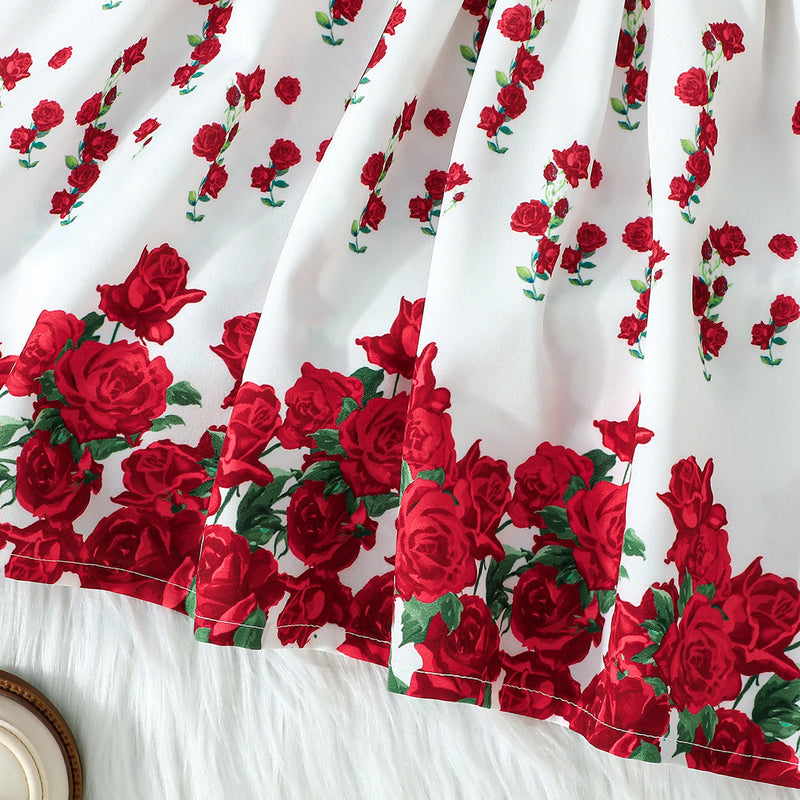 Girls Red Rose Printed Fit & Flare Winter Casual Dress With Shrug Casual Dresses